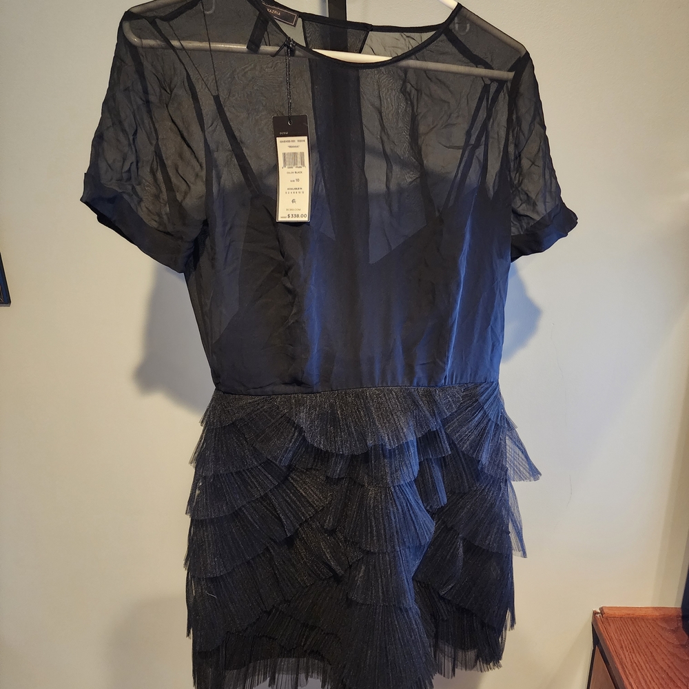 BCBG‎ Sheer Black Short Sleeve Dress with Tiered Fringe Skirt